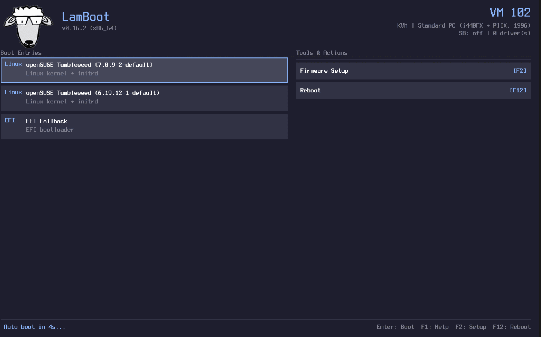 The LamBoot boot menu: boot entries for two openSUSE Tumbleweed kernels and an EFI fallback on the left, a Tools and Actions panel with Firmware Setup (F2) and Reboot (F12) on the right, the firmware summary at top, and an auto-boot countdown with key hints along the bottom.