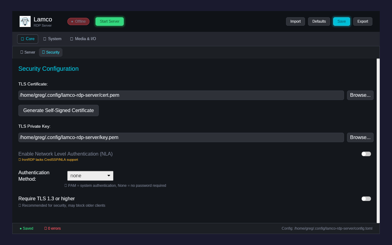 Security settings interface