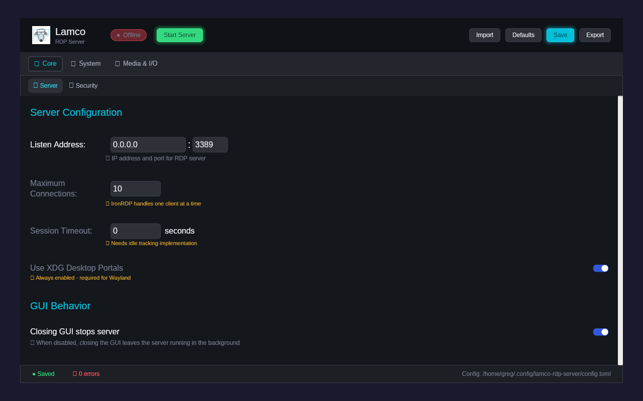Server configuration interface